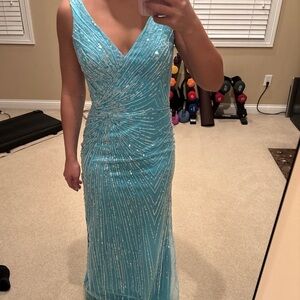 Mac Duggal blue sequined prom dress